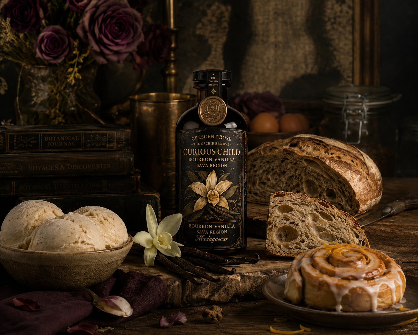 Crescent Rose — Curious Child bottle with sourdough, vanilla ice cream and cinnamon roll