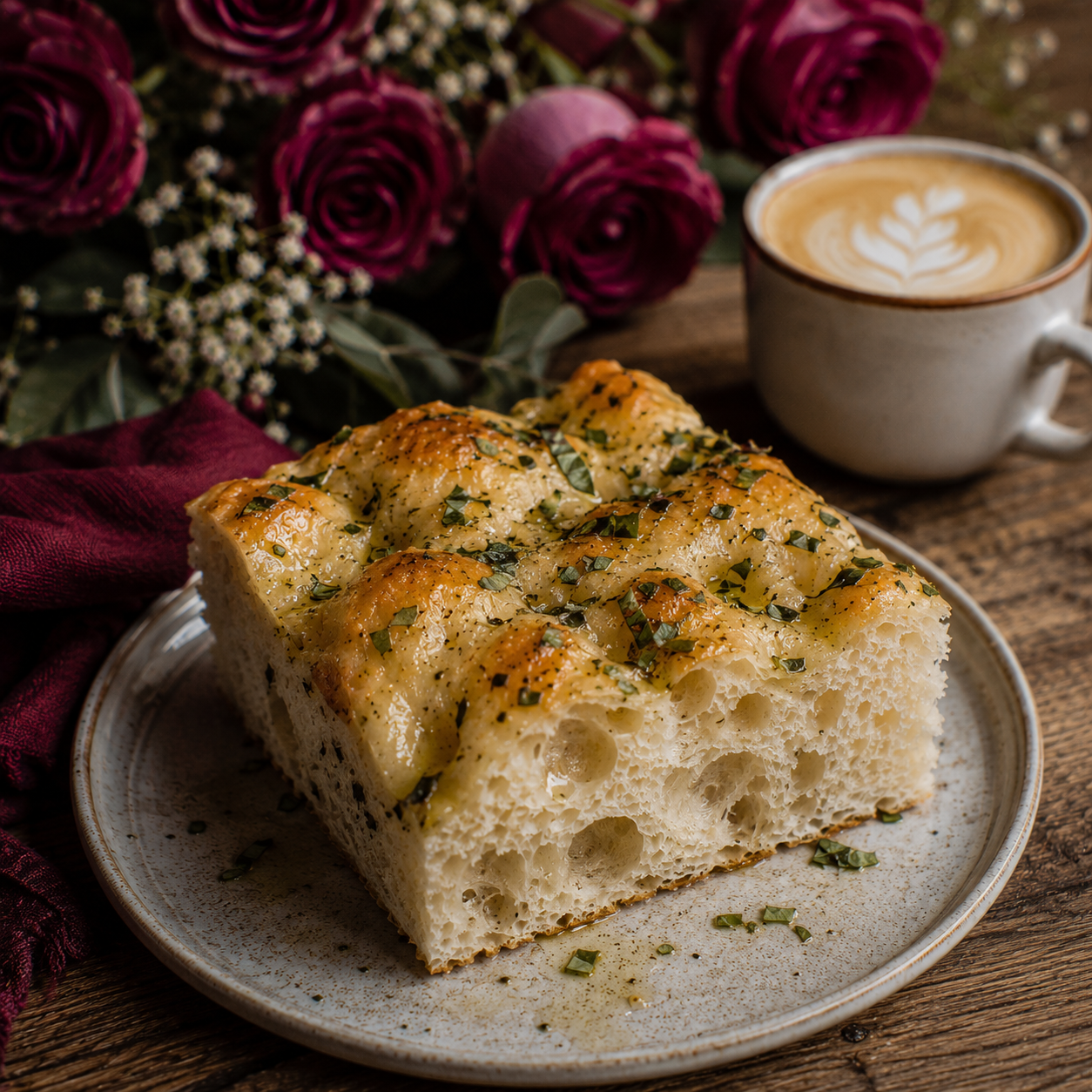 Crescent Rose focaccia, sliced and finished with olive oil and herbs